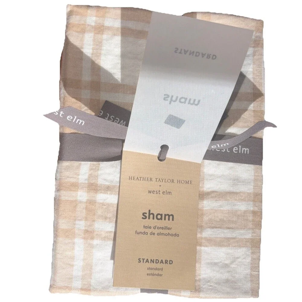 West Elm Pillow Sham Standard‎ 20” x 16” 100% Linen Tartan Beige Plaid Coastal